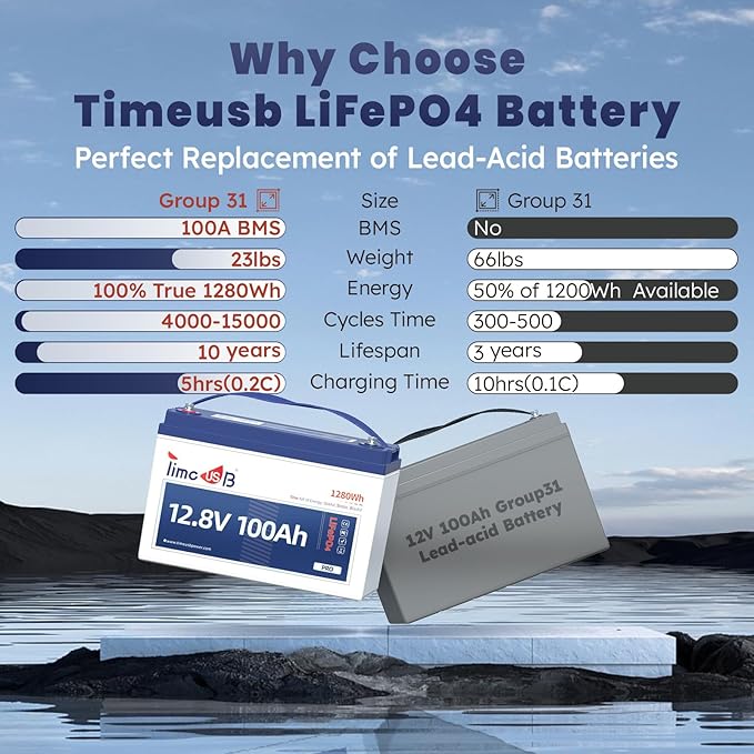 12V 100Ah Pro LiFePO4 Battery 2 Packs, Grade A Battery Cells, Group 31 Deep Cycle Lithium Battery, 100A BMS,10-Year Lifetime, Suitable for RV, Solar Home System and Off-grid Application
