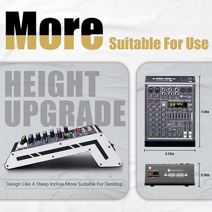 Professional Audio Mixer 4 Channel Sound Board Console System 99 DSP DJ Mixer 48V Phantom for Karaoke DJ Studio Streaming Recording