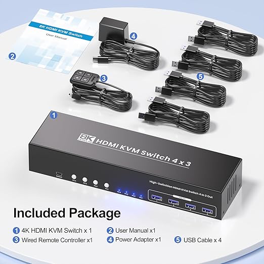 USB 3.0 HDMI KVM Switch 3 Monitors 4 Computers with 4 Port USB 3.0 Hub, 8K@60HZ 4K@120Hz 4 Port HDMI KVM Switch for 4 PCs Share 1 Set of Keyboard, Mouse and 3 Monitors