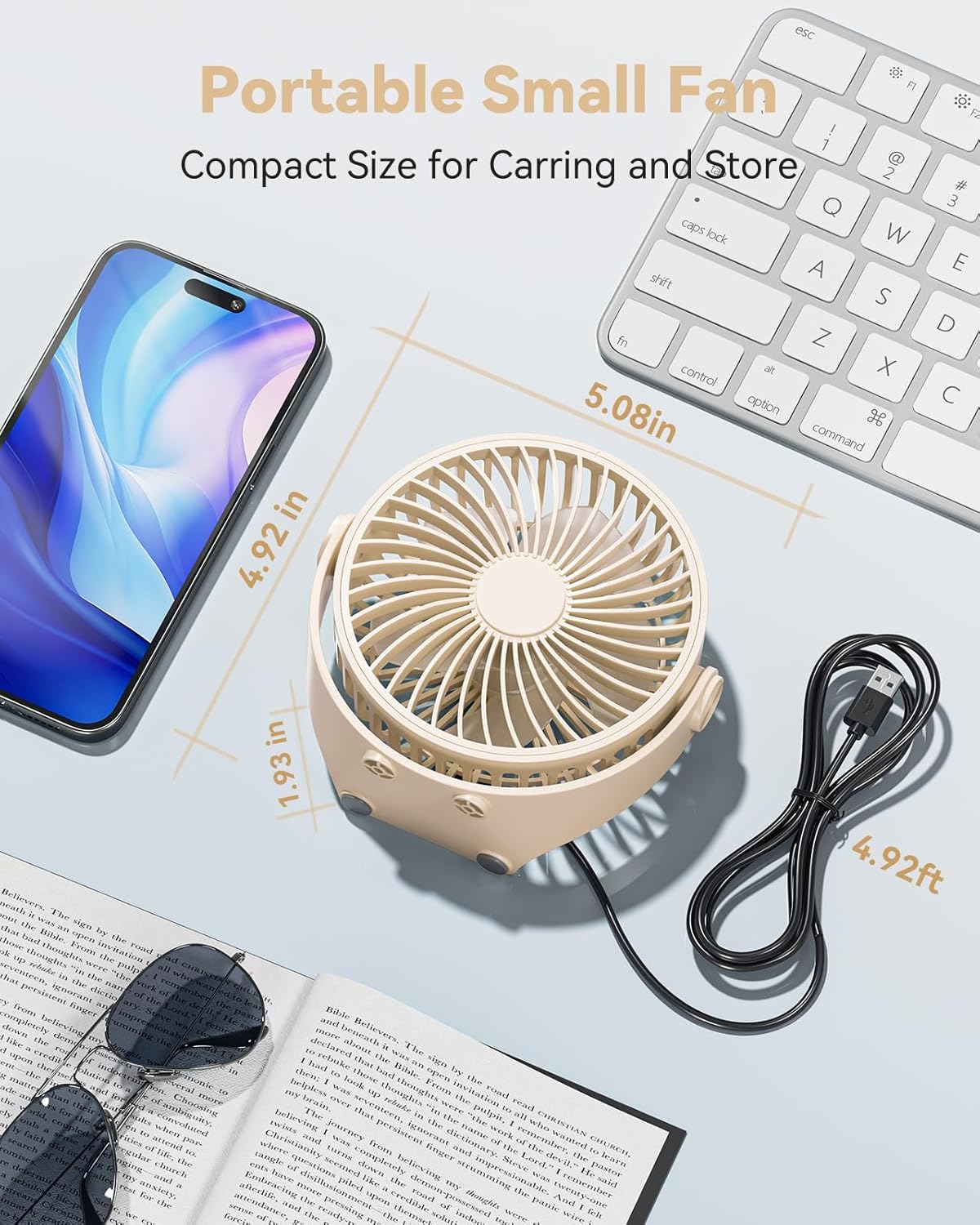USB Desk Fan, 5 Inch Mini Portable, 3 Speeds Strong Airflow Personal Desktop, Detachable Cooling Fan 360° Rotation Quiet Small Fan for Desk Home Office Travel Car, Beige, 5ft Cable
