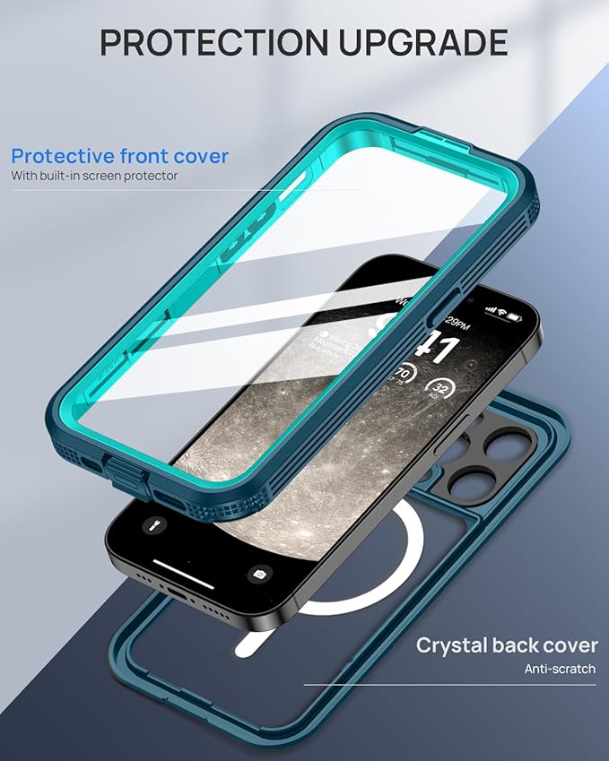 Lanhiem Magnetic for iPhone 15 Pro Max Case, IP68 Waterproof Dustproof Case, [Compatible with Magsafe] [Built-in Screen Protector] Full Body Heavy Duty Rugged Phone Cover 6.7 inch, Blue/Clear