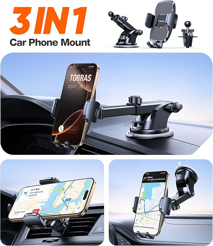 TORRAS [Ultra-Durable Cell Phone Holder for Car, Universal Mount Dashboard Windshield Vent Compatible with iPhone 16 15 14 13 12 Pro Max, Samsung Galaxy S23+ Ultra S10 Note Plus
