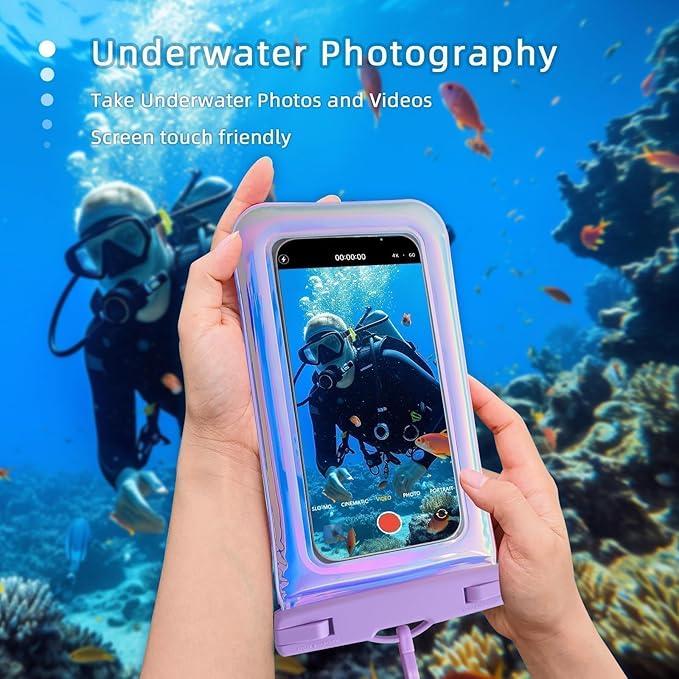 1 Pack Iridescent Waterproof Phone Pouch Compatible with iPhone 12/13/14/15/16 Pro Max, Beach Essentials IP68 Waterproof Dry Bag with Crossbody Lanyard, Purple - 7″