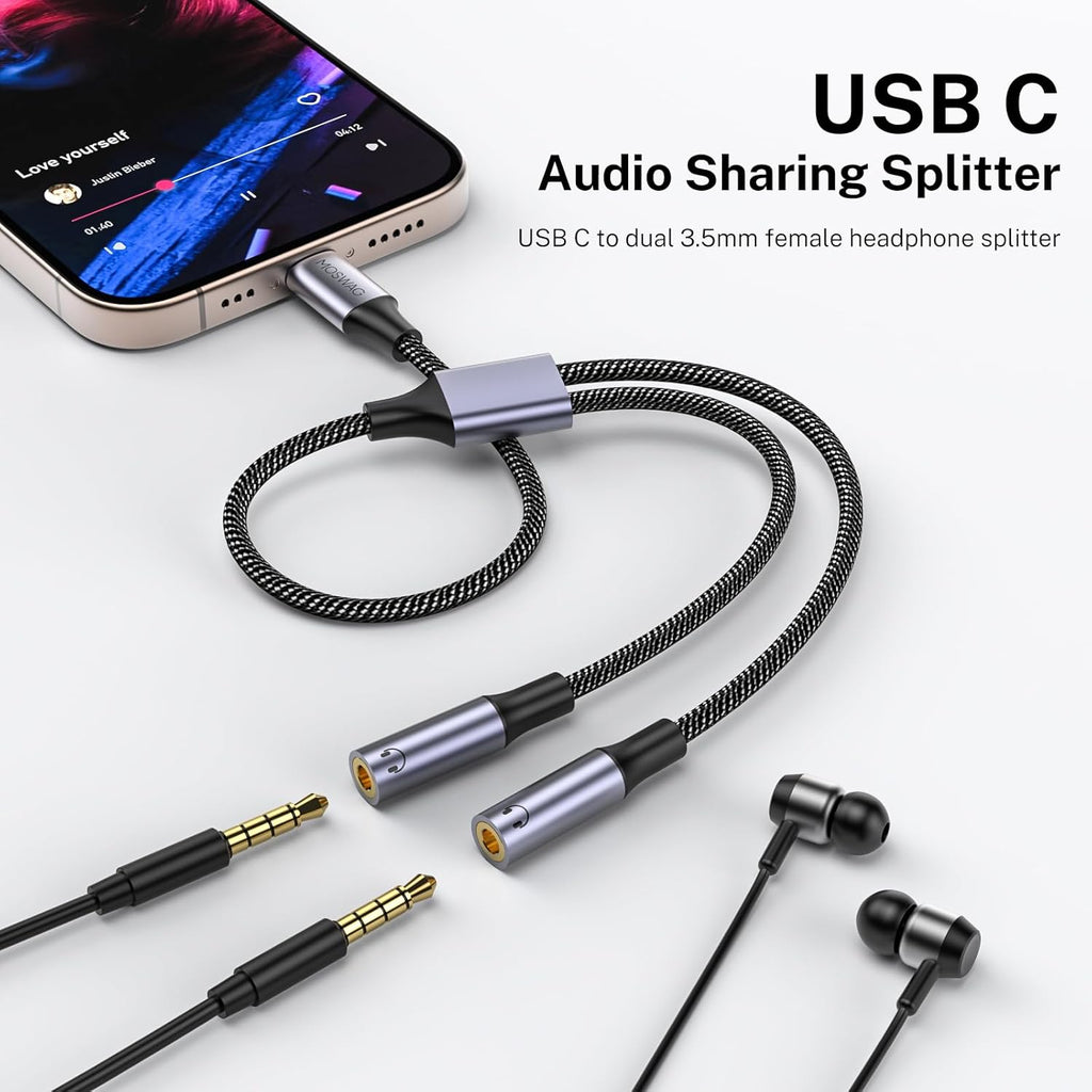 MOSWAG USB C to Dual 3.5mm Female Headphone Splitter,Type C to Dual 3.5mm Female Headphone Adapter Compatible with Pixel 7 6, Galaxy S23 iPhone 15 Pro Max/Pro/Plus