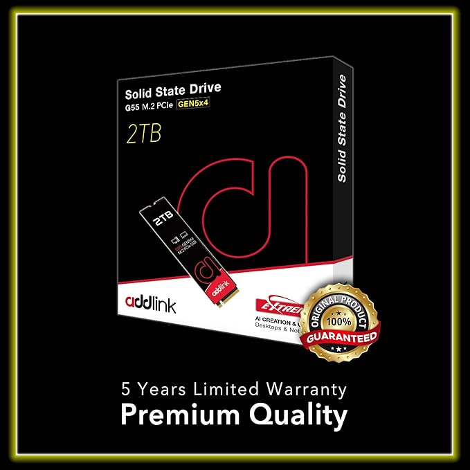Addlink G55 2TB PCIe 5.0 Gen5 NVMe M.2 SSD- Up to 10,300 MB/s - PC Gaming Upgrade, Photography, Video Editing & Design - Internal Solid State Drive (ad2TBG55M2P)