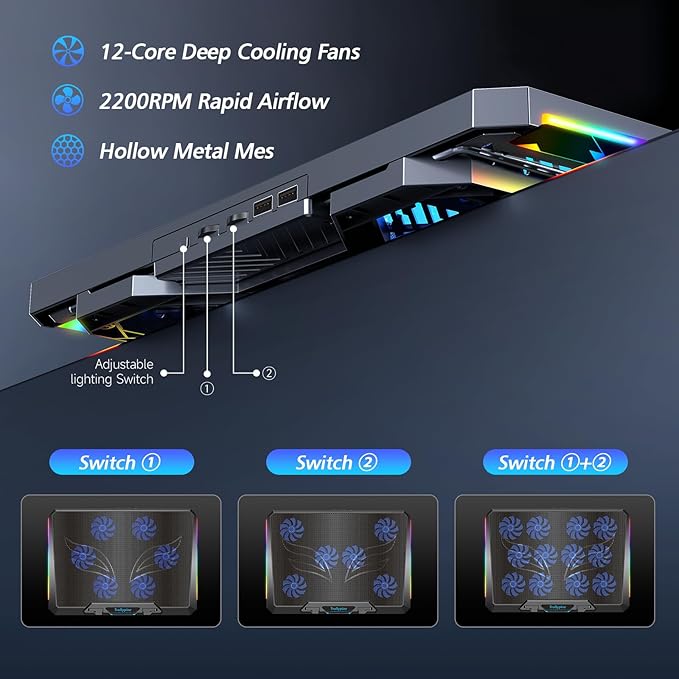 Laptop Cooling Pad with 12 Quiet Fans, Slim Portable for 12-17.3 Inch Laptop Cooler Stand with 5 Height Adjustable, Ergonomic Gaming Cooling Fan Pad with Two USB Ports & Phone Holder (Gear)