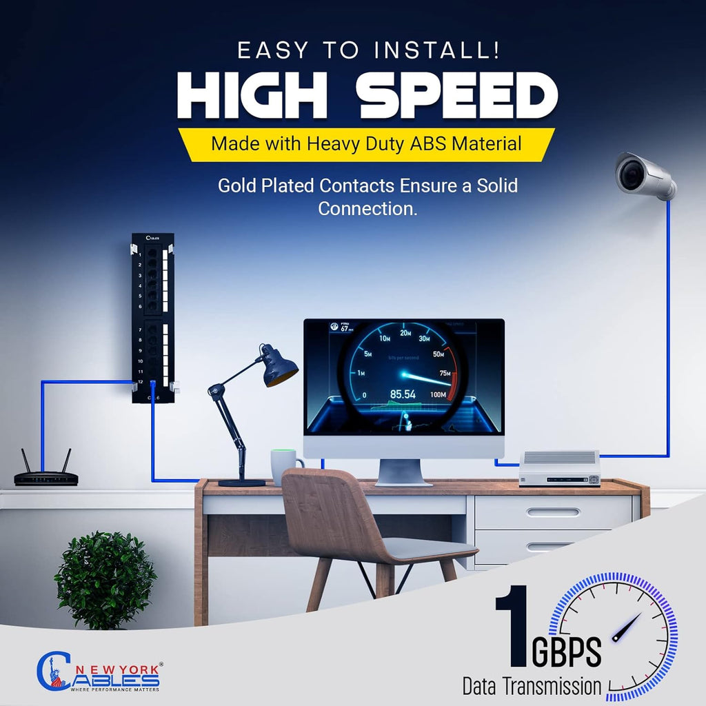 NewYork Cables 12 Port Vertical Cat6 Patch Panel – 10Gb Ethernet, 1U Wall Mount, T568A/B Color-Coded, Unshielded Keystone, 110/Krone Compatible, with Back Bar, Cable Ties & Screws