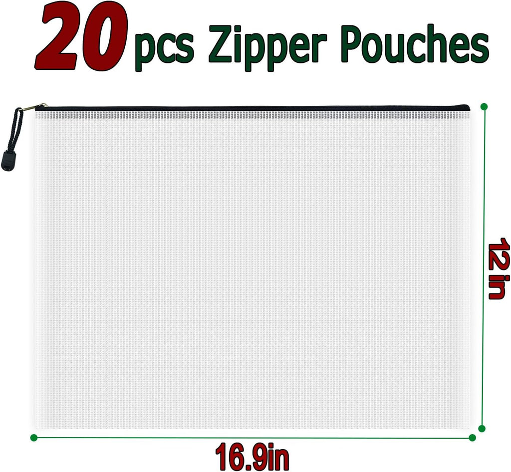 AUSTARK 20 Pcs Zipper File Bags, Plastic Mesh Pouch, Board Game Storage Bag, Waterproof Bags for Office School (A3 Size 16.9''x12'', White and Black)