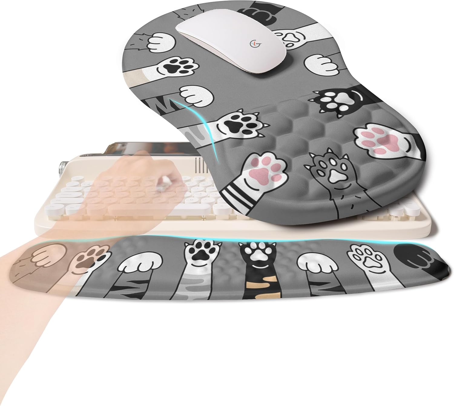 2-in-1 Ergonomic Set, Wave Rise Keyboard Wrist Rest and Massage Bulge Slope Mouse Pad Wrist Support, Cushion Memory Foam Integrated to Relieve Wrist Pain, Cute Cat Paws