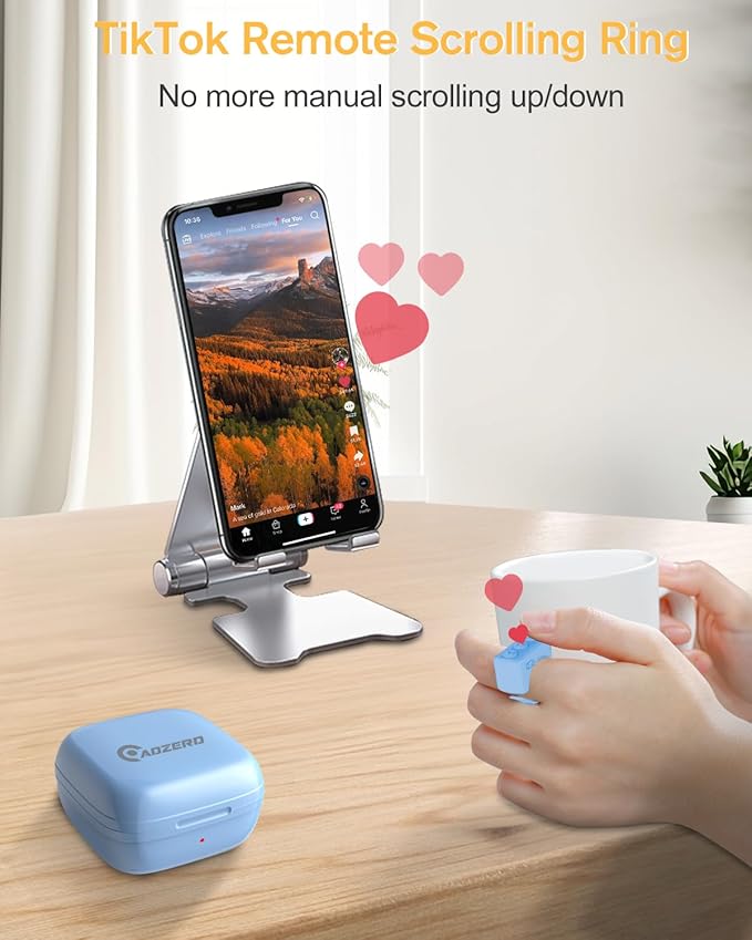 ADZERD Remote Control for TikTok, Page Turner for iPhone/iPad, Bluetooth Camera Video Recording Remote, Scrolling Ring for TIK Tok, Compatible with iOS/Android Phones & Tablets - Blue