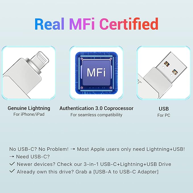 Genuine Apple MFi Certified iPhone USB Flash Drive 128GB - Real Capacity - No Fake Storage, Genuine Lightning, encrypted Auto Backup Photo Stick for iPhone iPad Photos/Videos - Avoid Fake MFi Clones!