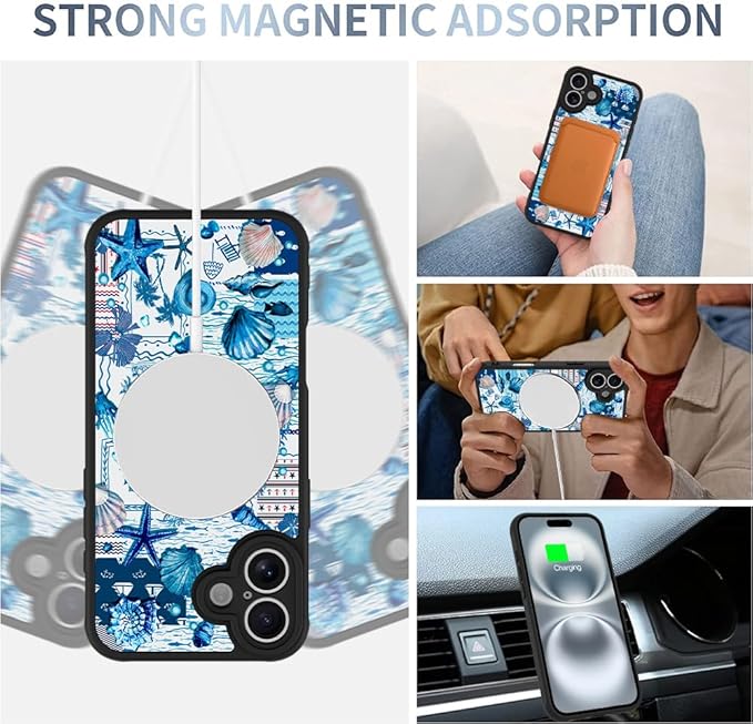 AIGOMARA Magnetic Case for iPhone 16 [Compatible with MagSafe] Blue Shell Starfish Ocean Holiday Collage for Women Girls Men Soft TPU Bumper Hack PC Back Heavy Duty Protective Slim Cover