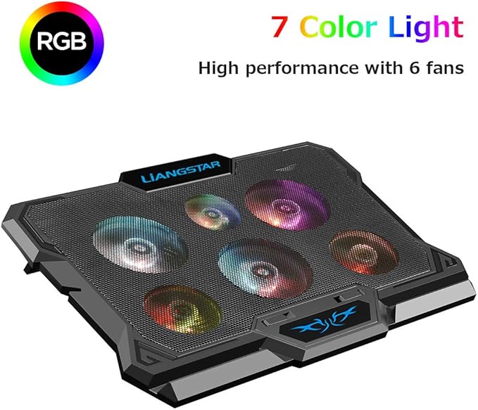 Laptop Cooling Pad, Laptop Cooler with 6 Quiet Fans RGB 7 Color Light for 15.6-17 Inch Laptop Cooling Fan Stand, Portable Slim USB Powered Gaming Laptop Cooling Pad, Switch Control Fan Speed(Black)