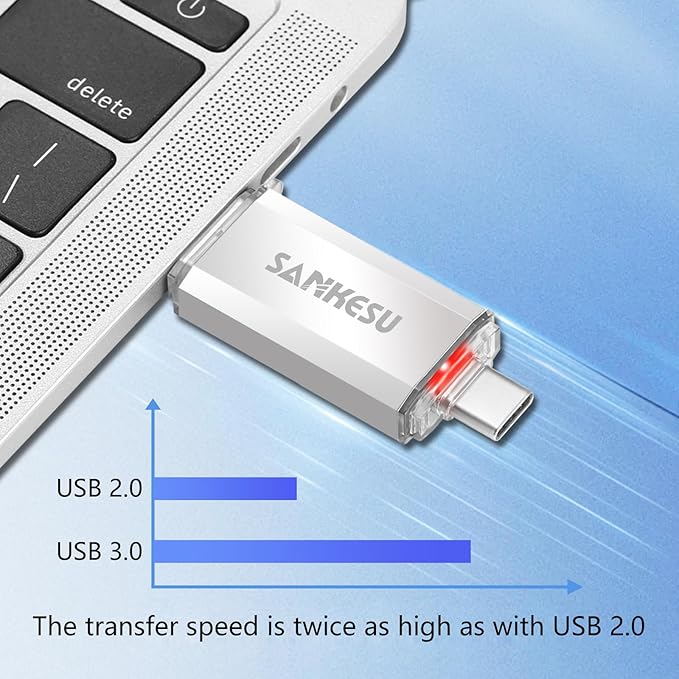 3.0 USB C Flash Drive, USB-A & Type-C OTG Thumb Stick, Dual Memory Sticks Compatible with PC/Laptop/Type C Cell Phone and Tablet (Silver/Blue, 128GB)