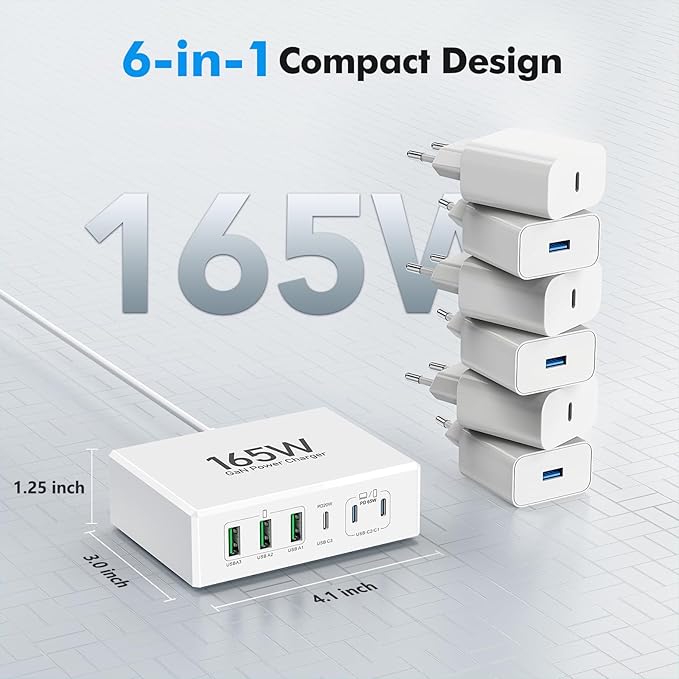 165W USB C Charging Station Hub, 6 Port PD GaN Fast Wall Charger Block Type C Laptop Power Adapter Charger Cube Brick for MacBook Pro/Air,iPad Pro,iPhone16 15 14 13 12, AirPods4，watch10 ultra2