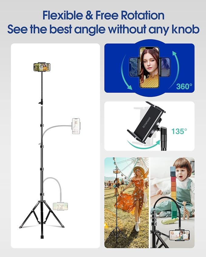 Elitehood 6.7 Feet Tall Phone Tripod, Heavy Duty Metal iPhone Tripod Stand with Remote, 17" Gooseneck Overhead Tripod for iPhone 15 14 13 Pro Max / 13 Pro / 13 12 11, Android Cell Phone Black
