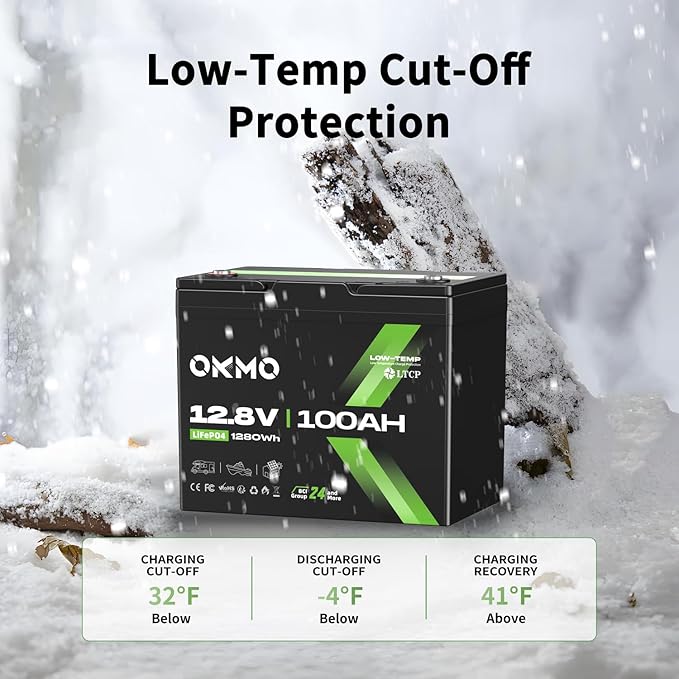 OKMO 12V 100Ah LiFePO4 Battery,Group 24 Lithium Battery 100A BMS，10 Years Lifetime 15000+ Deep Cycles,for Marine, RV, Trolling Motor, Boat, Camper, Solar Home Storage Iron Phosphate Battery