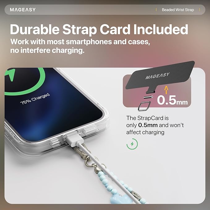 MAGEASY Beaded Phone Charm for Women - Cell Phone Wrist Strap with Teather Tab, Designed for iPhone & Android Phones, Keychain, Camera - Heart Fluff