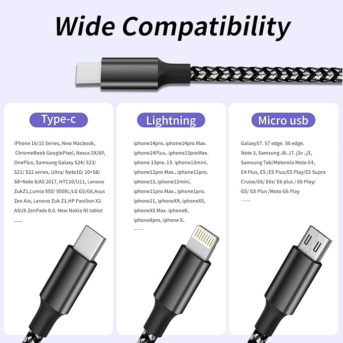 100W USB C Multi Charging Cable with E-Mark Chip, 3 in 1 USB C Fast Charging Cable, Universal Multiple Charger Cord with Type-C, Micro USB, IP Port for iPhone16/15/14/Cell Phones and More (2Pack 5FT)