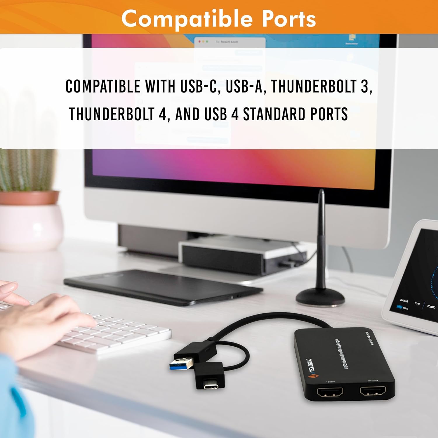 J-Tech Digital USB C to HDMI Adapter 4K 30Hz 1080P 60Hz, Dual Monitor Adapter USB-A or USB-C in, USB Powered, Mirror Extend Rotation Clamshell Modes [JTD-USB-2HDMI]