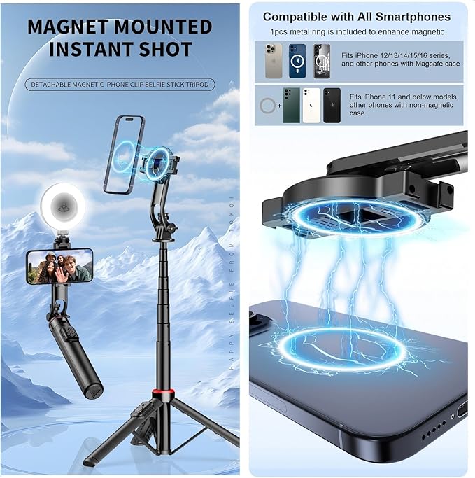 Magnetic Selfie Stick Tripod for iPhone, 51" Phone Tripod Compatible with Magsafe, Travel Selfie Stick for iPhone 16 15 14 12 Series Android Phone Stand Camera Holder for Video Recording