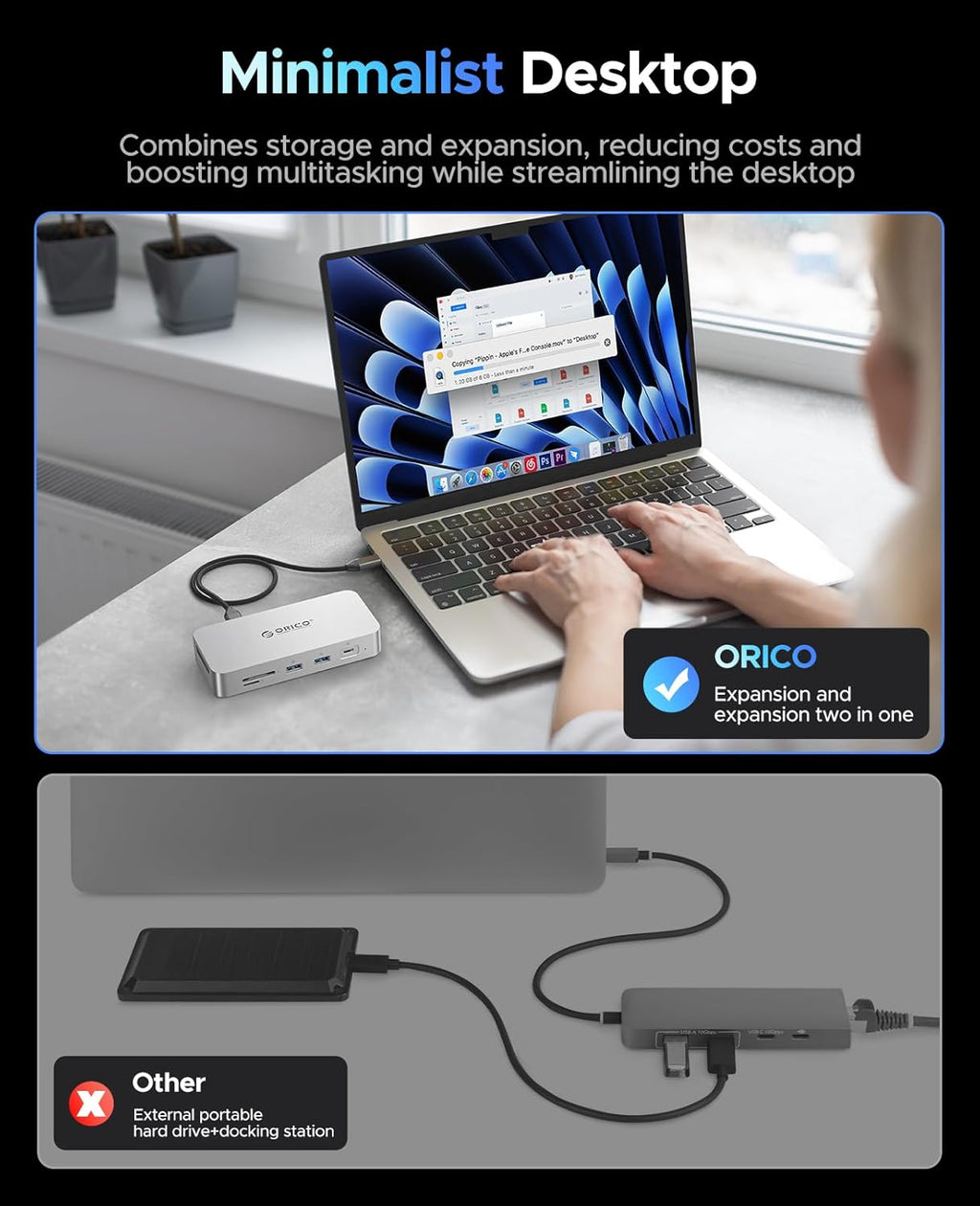 ORICO 1 TB External SSD Docking Station, SSD Expansion + Hub Extension, Up to1000MB/s, 10-in-1 USB C HUB with Internal SSD, Support 4K@60Hz HDMI Display, 100W PD, Ethernet, SD/TF, Mac Mini - SJ10