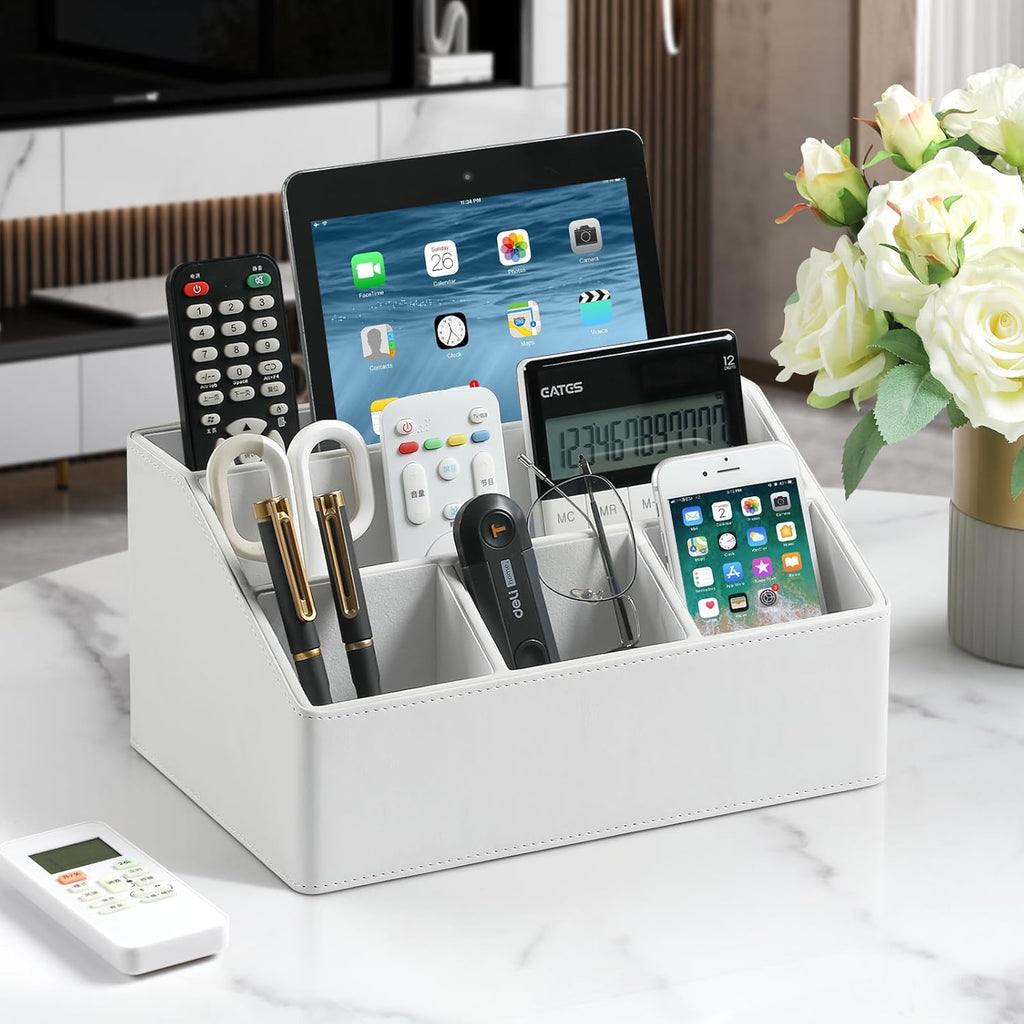 PU Leather Desk Organizer, Luxury Remote Control Holder for Home, Office Desk Accessories Table Caddy Bedside Nightstand Organizer (White)