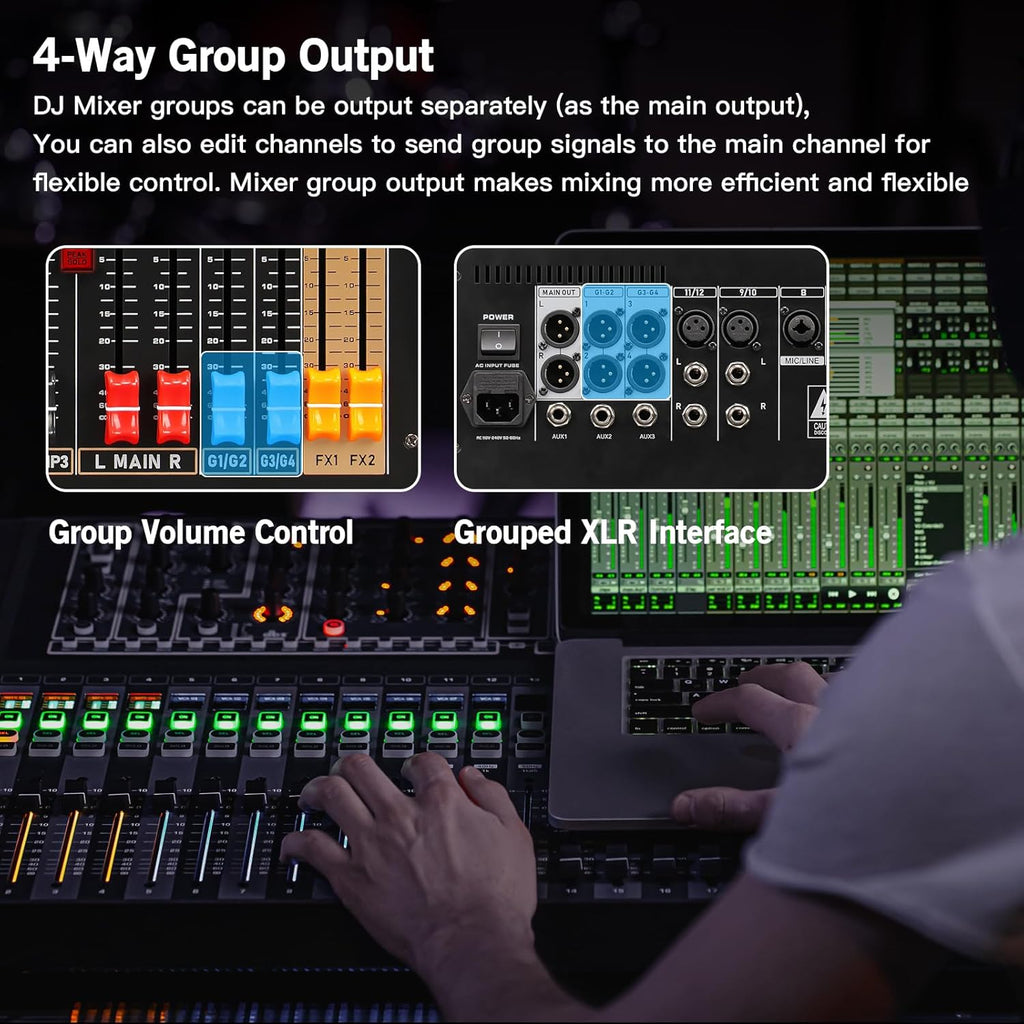 Digital Mixer 16 Channel,Sound Board Mixing Console, Dual DSP Reverb, Dual 7-Band EQ, 48V Phantom Power, 4 Group Stereo Output Input, PAD