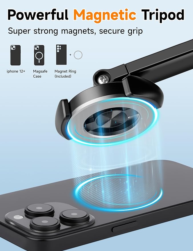 Magnetic Phone Tripod, 70" Selfie Stick Tripod for iPhone Magsafe with Rechargeable Remote & 2 in 1 Magnetic Holder, Portable Cellphone Stand for Recording Travel, Compatible with iPhone and Android