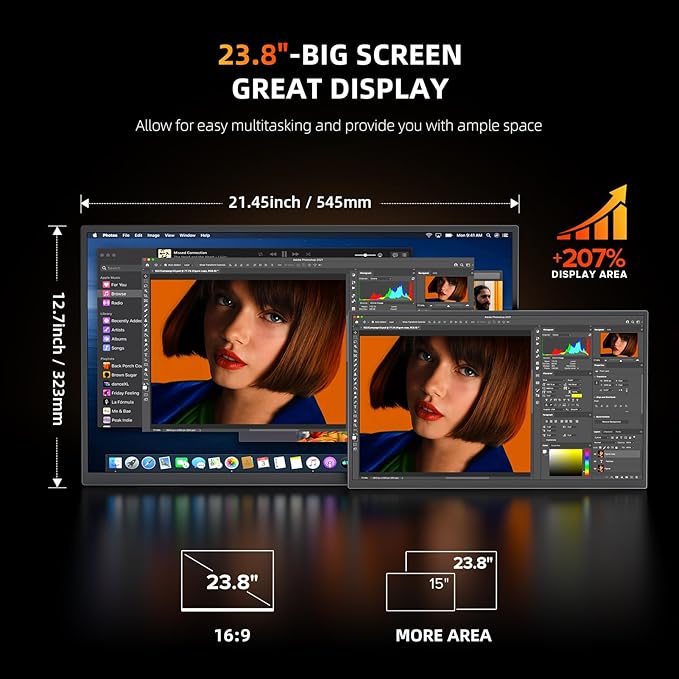 UPERFECT Portable Monitor 4K 23.8" | 400 Nits 24" Large Monitor | 3840 * 2160 UHD 125% sRGB | 1MS FreeSync | USB-C & HDMI | VESA & Kickstand | Second Screen for Computer, Mini PC, Game Consoles