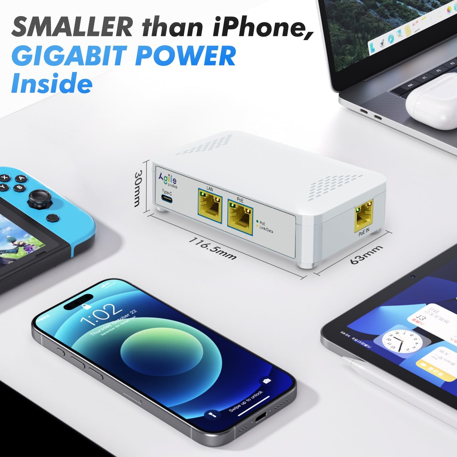 PoE to USB C Switch 60W 802.3af/at Compliant, 1 USB-C Port (30W PD Charging & Gigabit Ethernet) & 1 PoE+ Port & 1 Ethernet Port, for Smartphones/Sablets/Laptops/Camera/Access Point, DC Powered