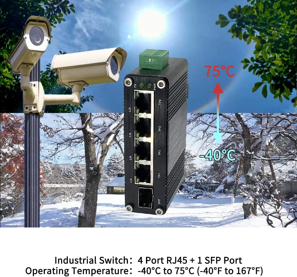 Mini Industrial 4 Port 10/100/1000Mbps Gigabit Ethernet Switch with SFP Din Rail/Wall-Mount 10/100/1000BASE-T RJ45 + 1 100/1000FX (SFP) Support 12-48V DC 10Gbps Switching Capacity
