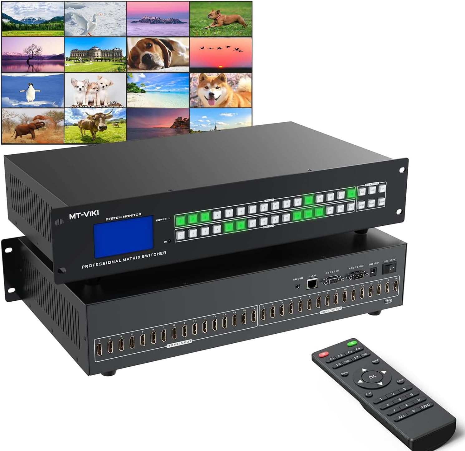 MT-VIKI 16X16 4K HDMI Matrix Switch Support Web GUI & 3.5mm Stereo Audio, 4K@30Hz, Rack Mount Switcher & Splitter, EDID, RS232, LAN Port, APP