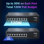 8 Port Gigabit PoE Switch, 8 Port PoE 120W, Gigabit Ethernet Unmanaged Network Switch, Plug and Play, Sturdy Metal Housing, Traffic Optimization