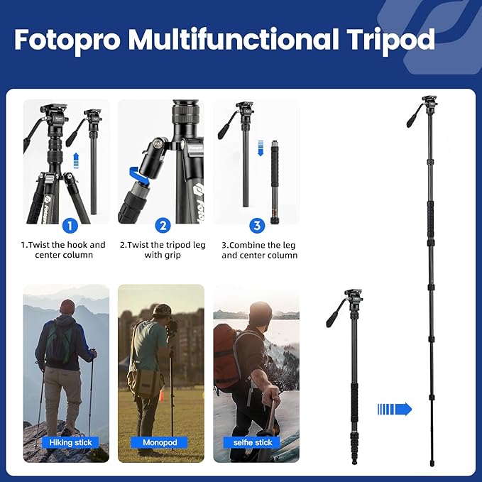 Fotopro 59" Carbon Fiber Travel Tripod, Compact Video Tripods with Fluid Head, Detachable Monopod with Quick Release Plate and Bag, Camera Tripod Load up to 8KG/17.63lbs
