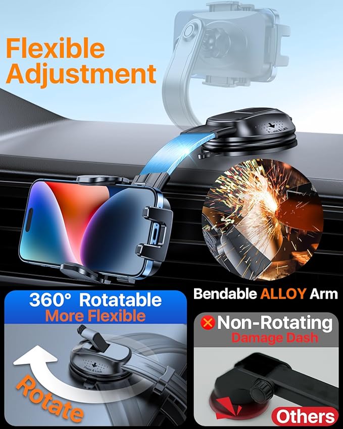 HTU Upgraded Strongest Suction Car Phone Holder Bendable Arm, Never Block View Rotatable Cellphone Mount for Dashboard Windshield Vent, Cradle Stand for iPhone 16 15 14 13 12 Pro Max (Dark Pink)