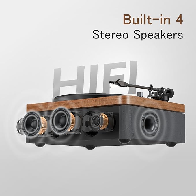 1 by ONE All-in-One Vinyl Record Player, HiFi Turntable Built-in Speakers, Phono Preamp, Magnetic Cartridge AT-3600L, Belt Drive 2 Speeds, Vintage Wood Design