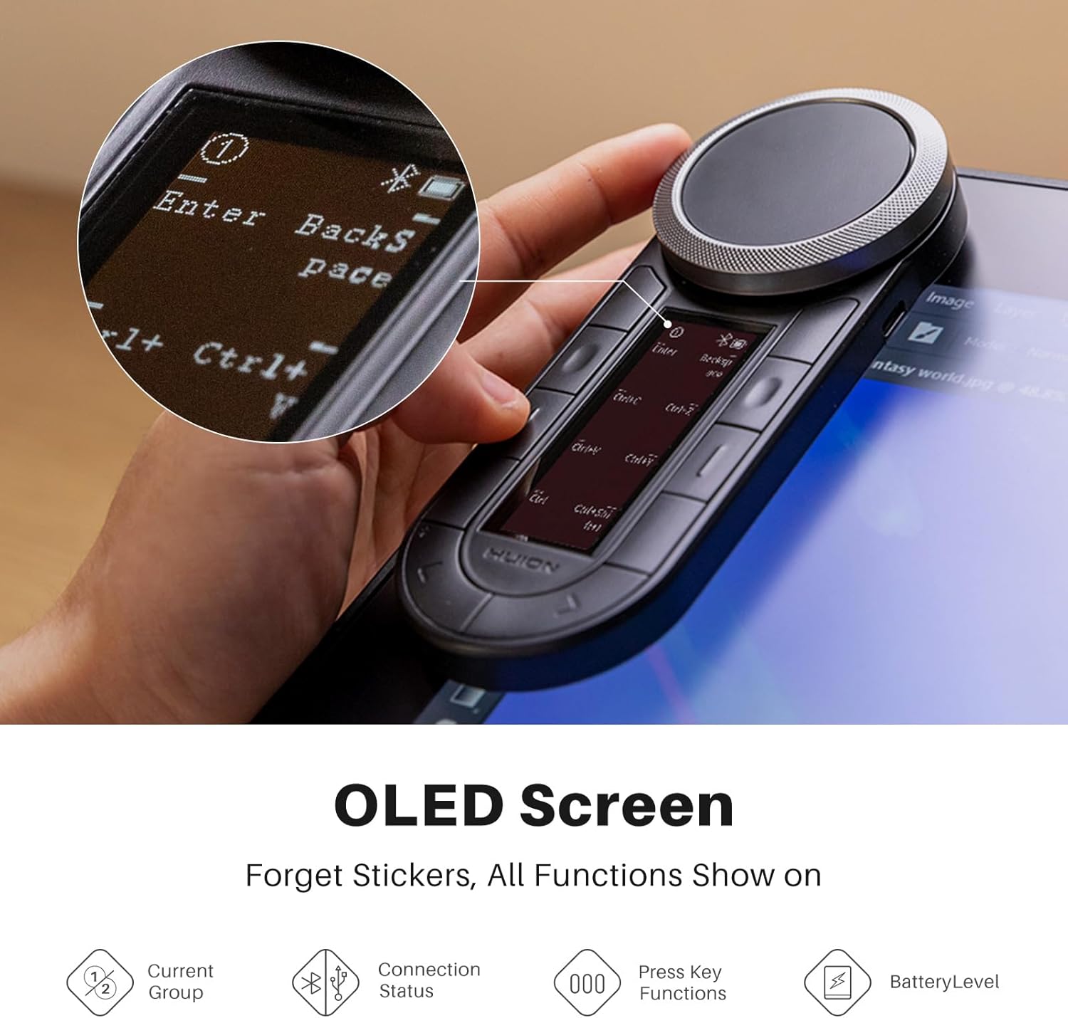 HUION Keydial Remote Bluetooth Programmable Keypad with Dual Dials 60 Customized Keys, OLED Display Macro Keypad Work with PC, Mac, Mobile, One-Hand Shortcut Keyboard for Drawing Tablet, Laptops