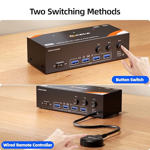 KVM Switch 3 Monitors 3 Computers 8K@60Hz/4K@120Hz, HDMI DP KVM Switches for 3 PC Sharing Triple Monitor and Keyboard Mouse with Power Adapter, Wired Extend Controller and USB3.0 Cables