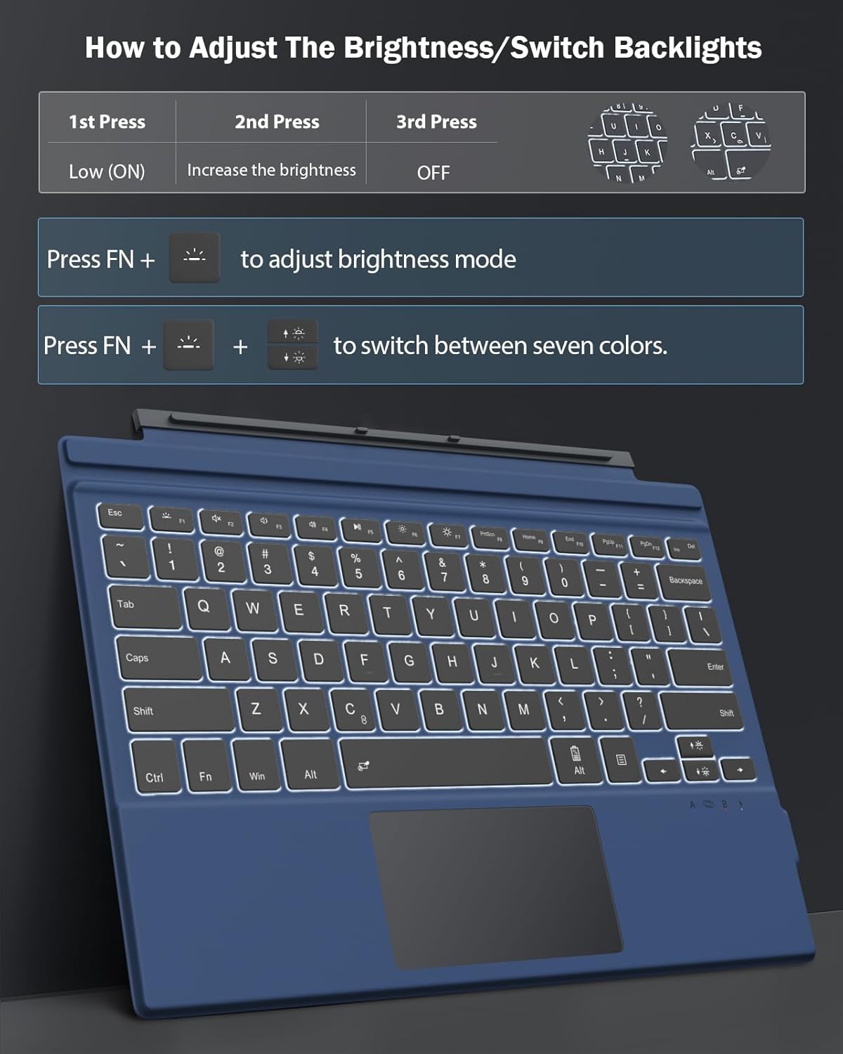 MoKo Type Cover Fit Microsoft Surface Pro 7 Plus/Pro 7/ Pro 6/ Pro 5/Pro 4/3, Ultra-Slim Wireless Bluetooth Tablet Keyboard with Trackpad, 7-Color LED Backlit, Built-in Rechargeable Battery, Indigo