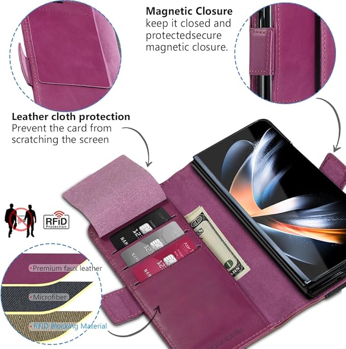 KEZiHOME for Samsung Galaxy Z Fold 6 Case, Genuine Leather Wallet Case [RFID Blocking] with Card Holder Stand Folio Protective Phone Cover Compatible with Galaxy Z Fold 6 5G (Purple/Brown)