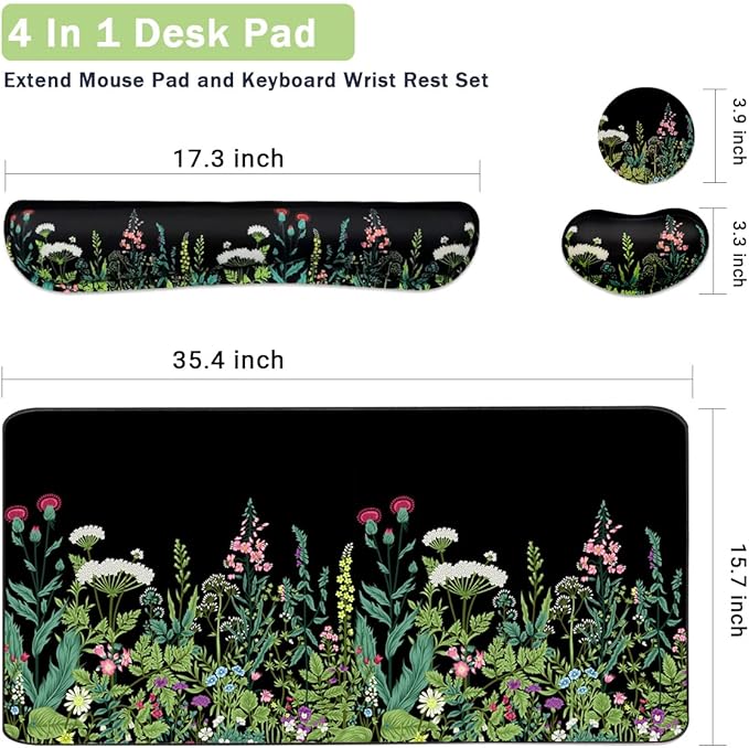 Keyboard Mouse Pad Set, Extended Mouse Pad+Keyboard Wrist Rest Support, Memory Foam Ergonomic Easy Typing, 3Pcs (35.4×15.7 in) Desk Pad Set for Home Office Study Game - Weeds