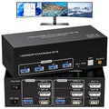 8K HDMI 2 Displayport KVM Switch 3 Monitors 2 Computers DP 1.4 8K 60Hz 4K 120Hz Display Port for Two PC Share Triple Monitor and 4 USB 3.0 Peripherals Support Extended and Duplicate Mode