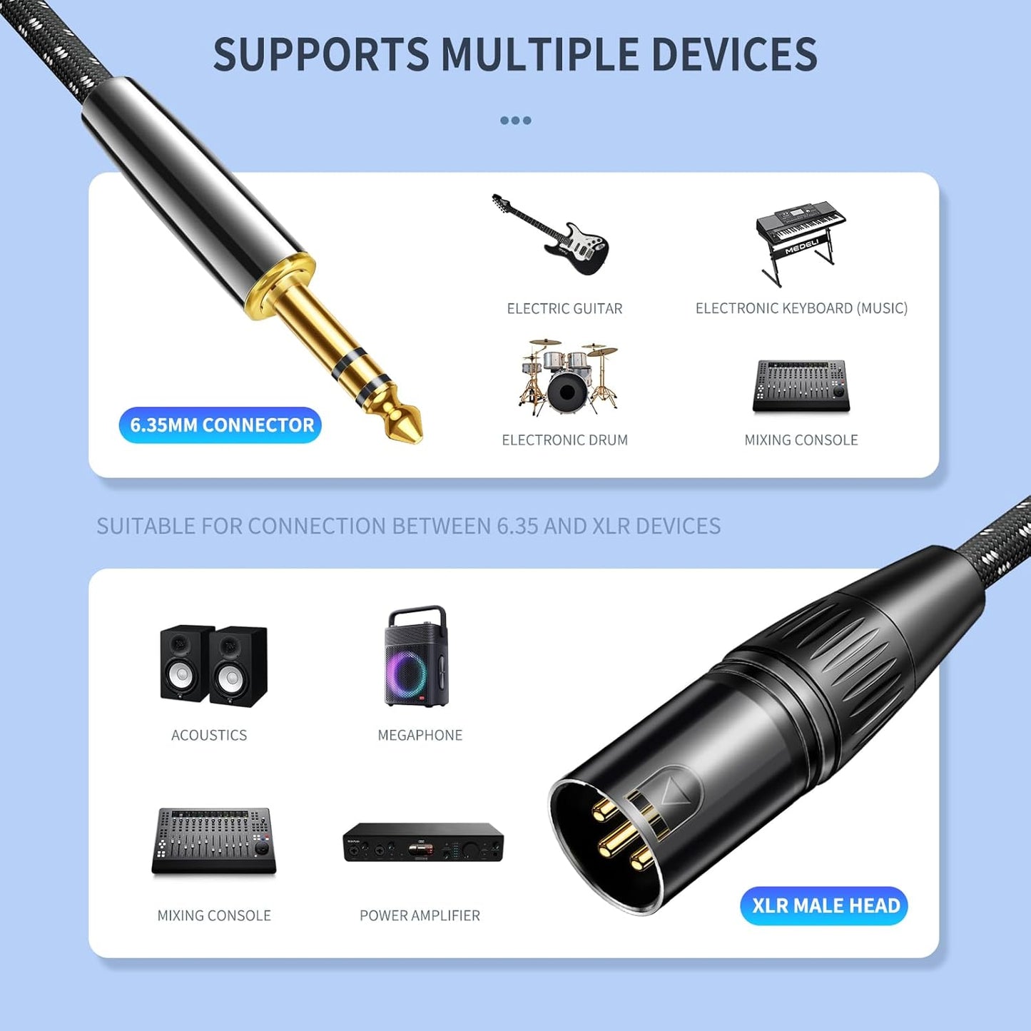 Kumiho XLR Male to 1/4 Inch 6.35mm TRS Stereo Cable Hi-Fi Balanced Bi-Shielded Interconnect Patch Cables for Microphones, Amplifiers, Mixers, Speakers 10FT