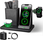 Office Supplies Desk Accessories,Pen Holder Remote Control Holder, Organizer with Phone Charger,Nightstand Desktop Organizer,Black Leather Desk Organizer With Charging Station (black)