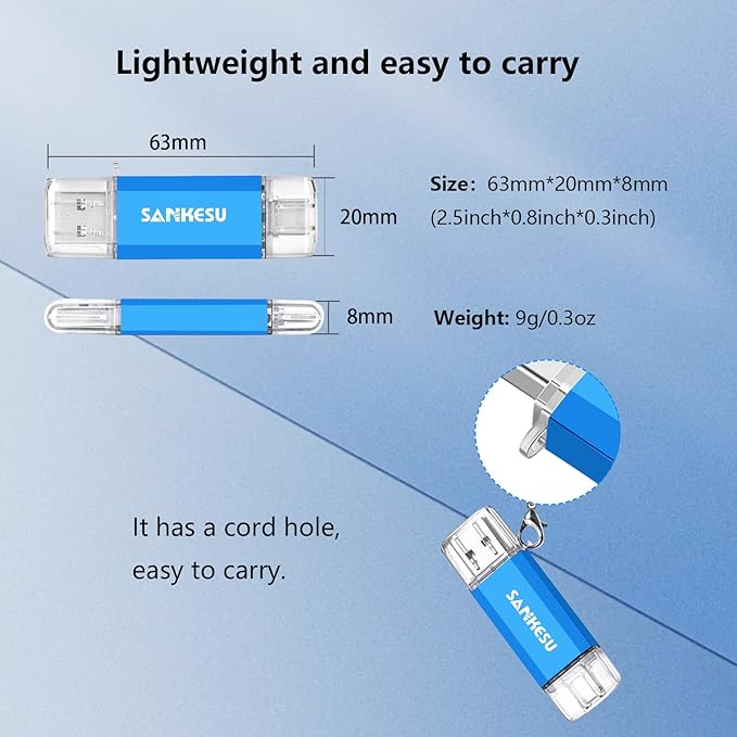 64GB 3.0 USB C Flash Drive, USB-A & Type-C OTG Thumb Stick, Dual Memory Sticks Compatible with PC/Laptop/Type C Cell Phone and Tablet (Silver/Blue)