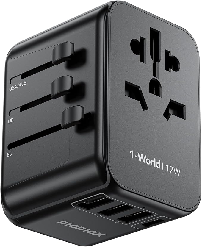 MOMAX European Travel Plug Adapter, Worldwide All in One Travel Adapter, International Power Adapter Wall Charger with 3 USB A and 1USB C Charging Ports for Travel Essentials (Type C/G/A/I)