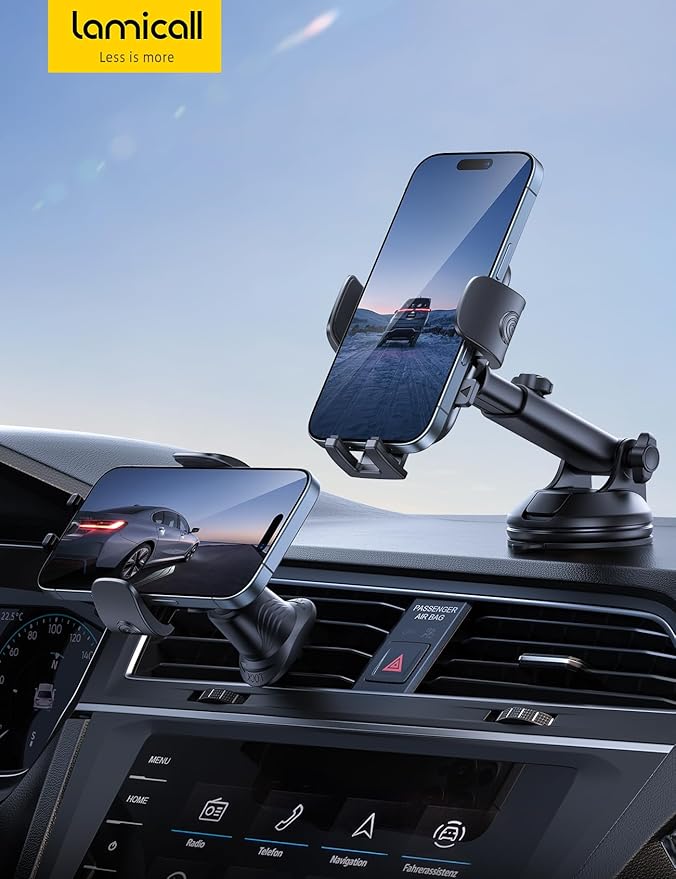Lamicall Car Phone Holder Mount [3-in-1 Military-Grade Suction Cup] 360° Rotation Phone Holders for Your Car [Metal Hook] Cell Phone Car Mount Dashboard Vent Windshield for iPhone 16 All Smartphone