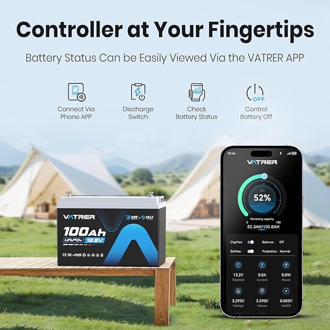 12V 100AH Bluetooth LiFePO4 Lithium Battery with Self-Heating, Built-in 100A BMS, Supports Low Temp Charging(-4°F), 5000+ Cycles, Perfect for RV/Camper, Solar, and Off-Grid Applications, etc.