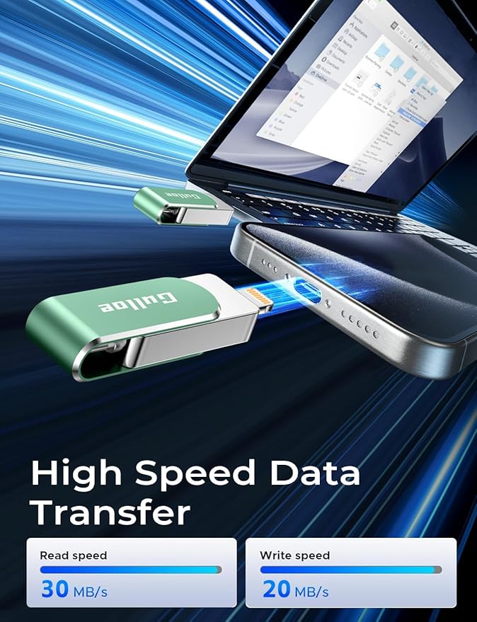 Gulloe 32GB Flash Drive Intended for iPhone, Memory Stick Storage for Photos and Videos Backup, Compatible with iPhone iPad Android PC, Plug and Play, No Application Required (Light Green)